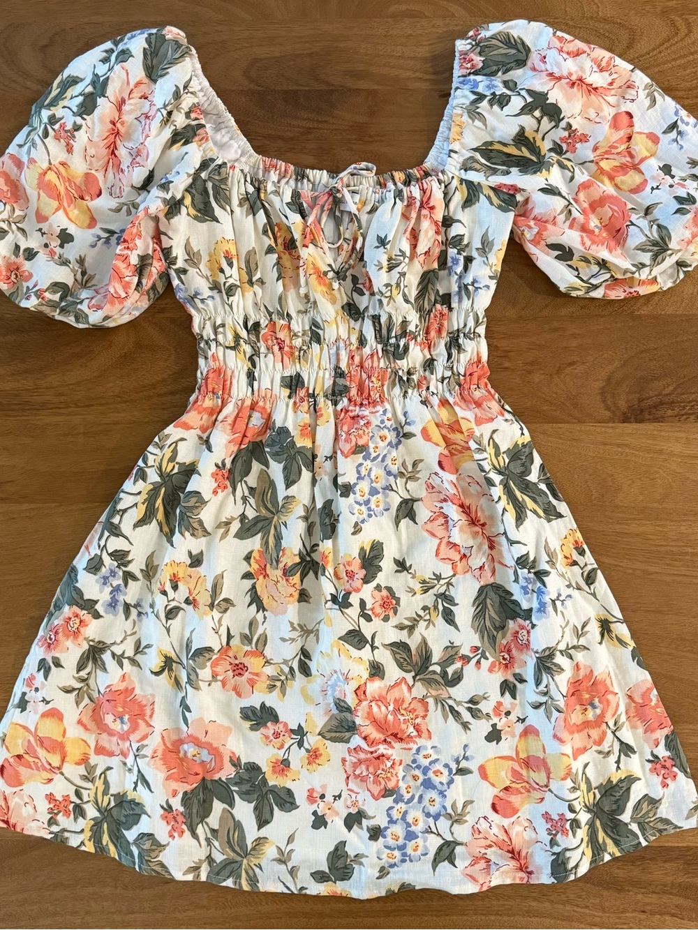 Faithfull the Brand White Floral Puff-Sleeve Mini Dress in Coral & Green